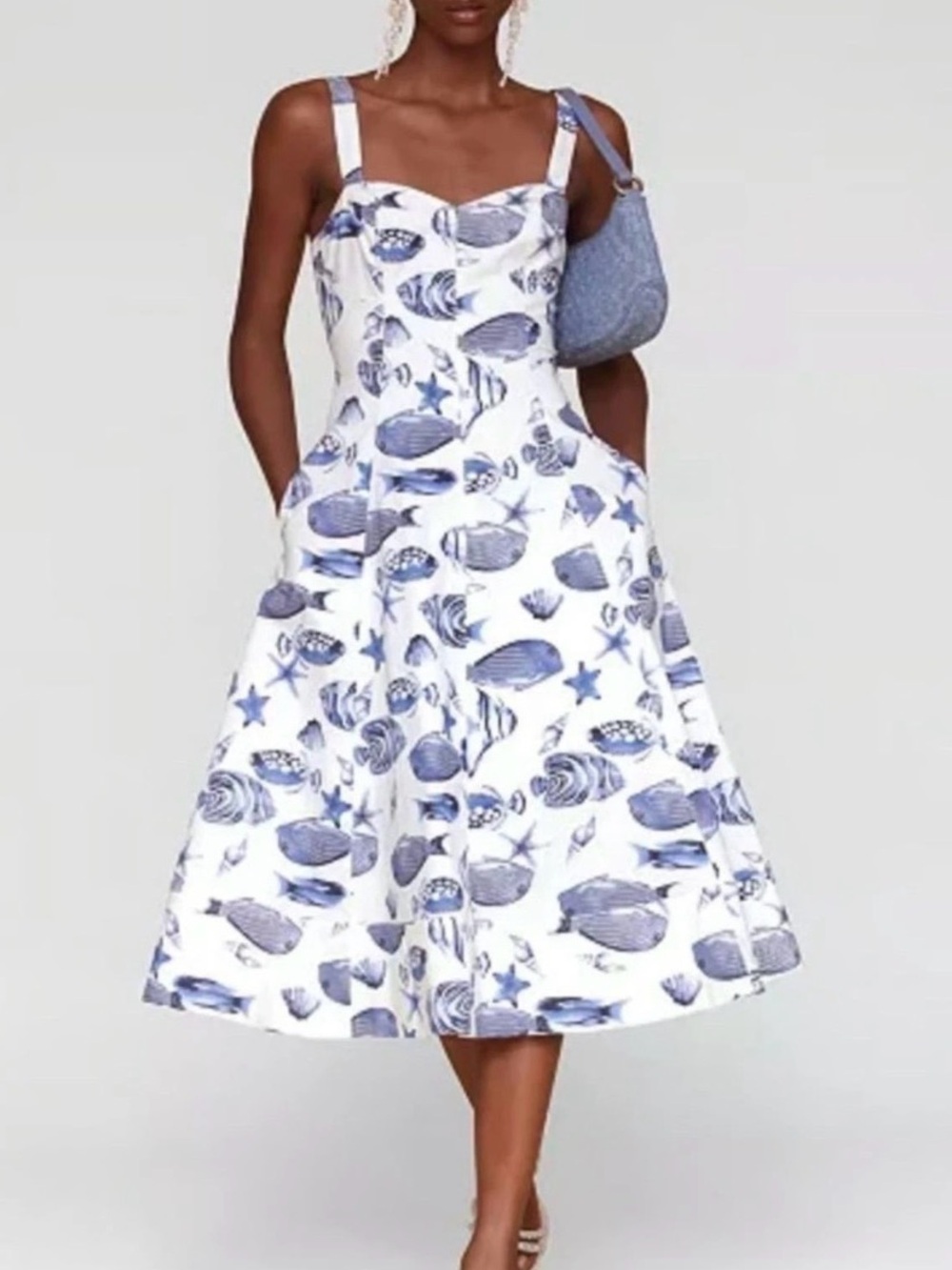NWT Avec Les Filles white blue fish seashell coastal midi sundress dress 14 new